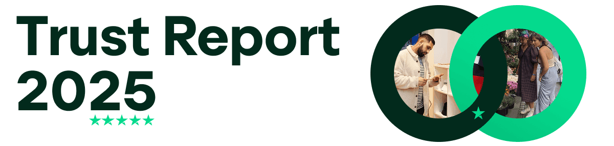 A graphic with 'Trust Report 2025' written in a large font on the left, with an intertwining circle on the right. Each circle displays a photo of people browsing in stores. It also features the Trustpilot star.