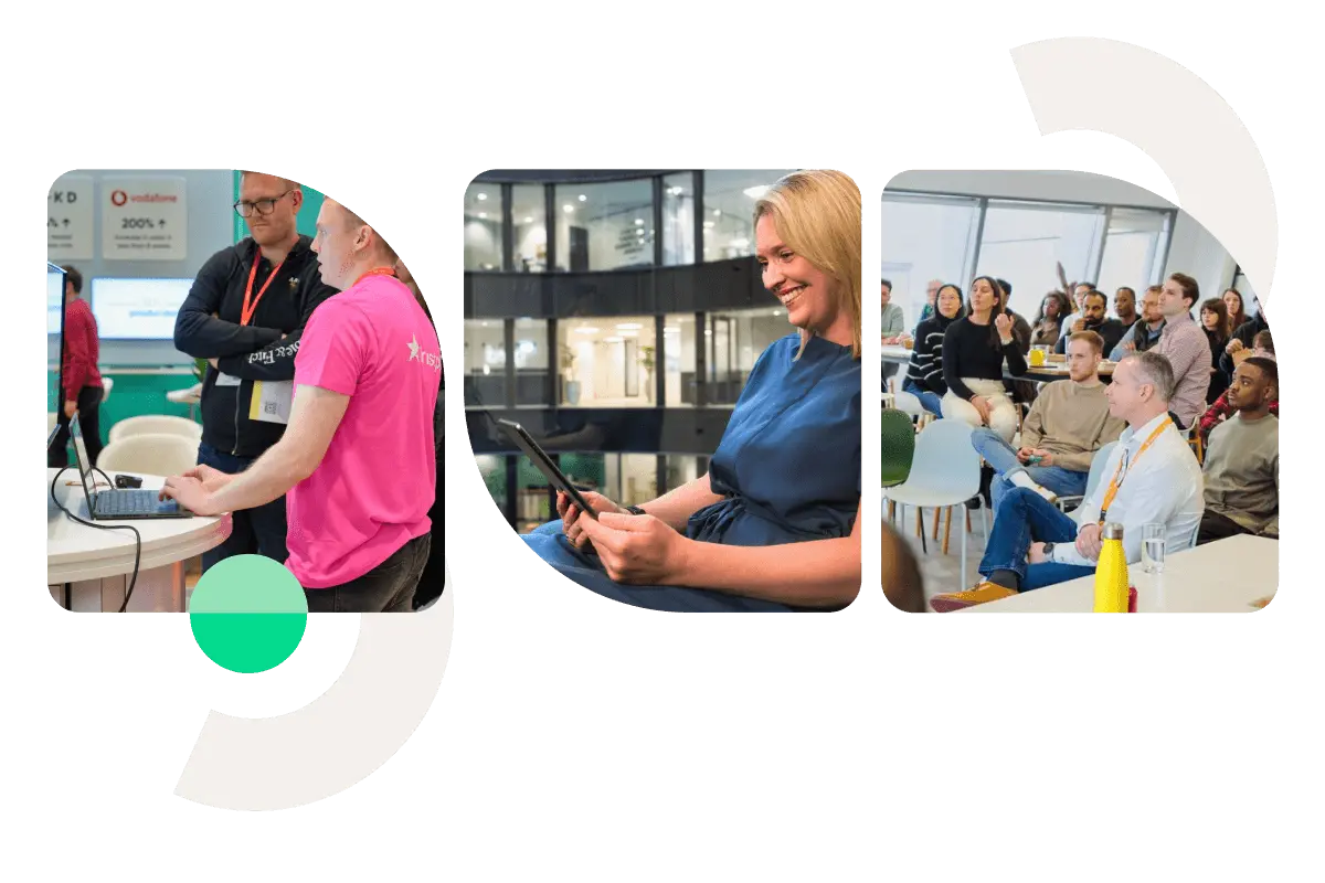 Three photos showing collaborative work and presentations in a modern office environment, overlaid with abstract design elements.