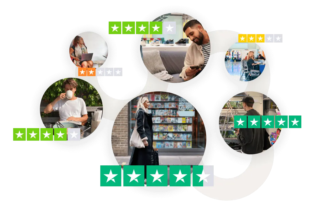 A circular collage showing various people in different settings (working on laptops, using phones, shopping, drinking coffee, walking), interconnected by lines, with the various Trustpilot green, yellow, and orange star ratings floating around them.
