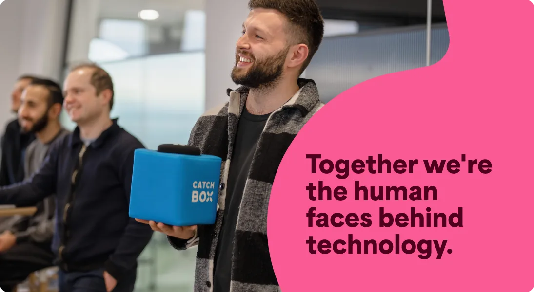 A photo of Dan Reidy smiling at his colleagues. It has a text overlay that says Together we're the human faces behind technology.