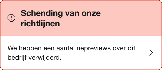 A Red warning alert banner that says "Breach of guidelines. We've removed a number of fake reviews for this company."