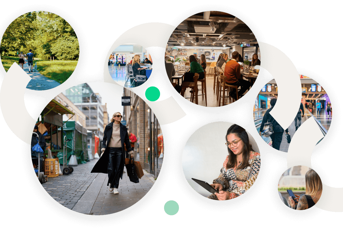 A collage of circular images showing diverse people in various urban and outdoor settings, including walking in a park, dining in a restaurant, shopping at a market, and working on a tablet.