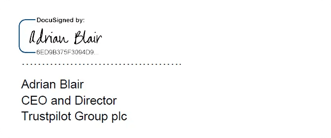 A DocuSigned signature by Adrian Blaire, CEO of Trustpilot